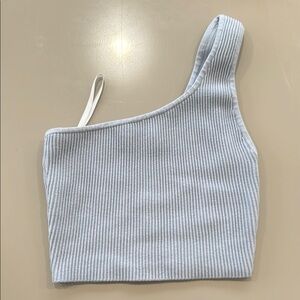 One-Shoulder Ribbed Crop Top in Light Blue